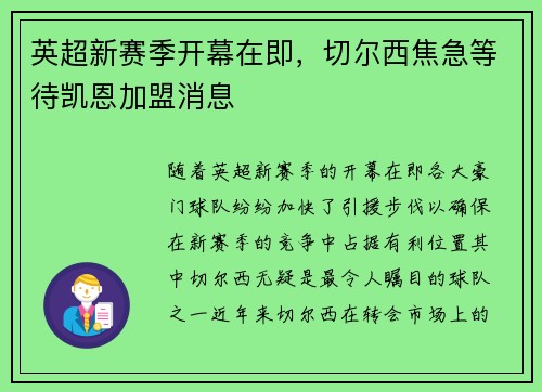 英超新赛季开幕在即，切尔西焦急等待凯恩加盟消息