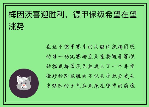 梅因茨喜迎胜利，德甲保级希望在望涨势