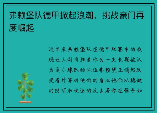 弗赖堡队德甲掀起浪潮，挑战豪门再度崛起