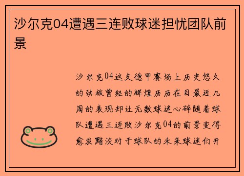 沙尔克04遭遇三连败球迷担忧团队前景