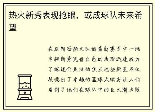 热火新秀表现抢眼，或成球队未来希望